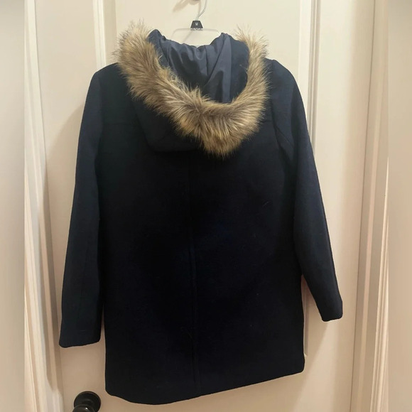 J. Crew Mercantile Navy Blue Wool Blend Coat Fur Trim Hood Jacket 00/ XS Women’s - Picture 5 of 7